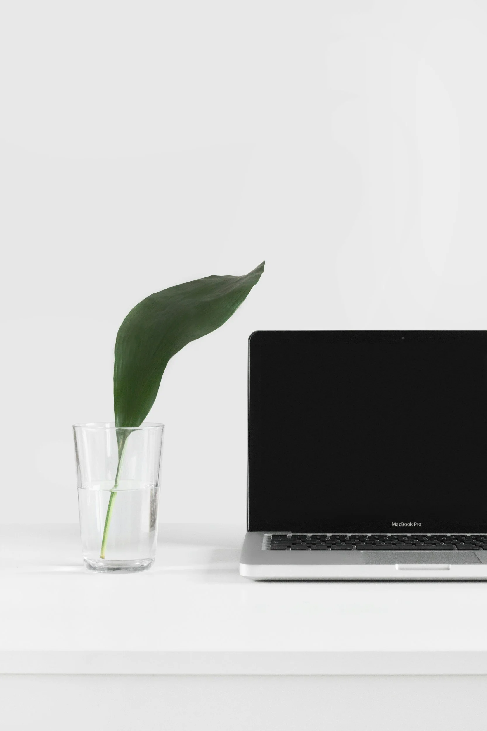 A close-up of a MacBook Pro laptop on a white desk, with a glass of water containing a green leaf to the left of it, set against a plain white background.