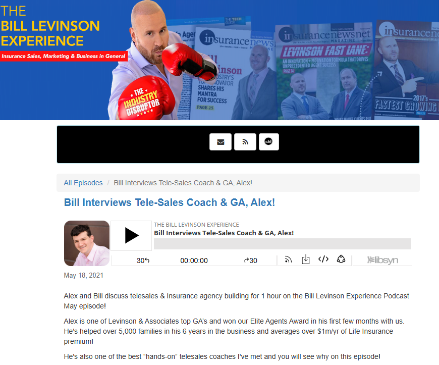 Podcast webpage featuring Bill Levenson discussing telesales and insurance agency building, with a promotional banner showing Bill in a boxing pose, wearing red boxing gloves, against a blue background with magazine covers.