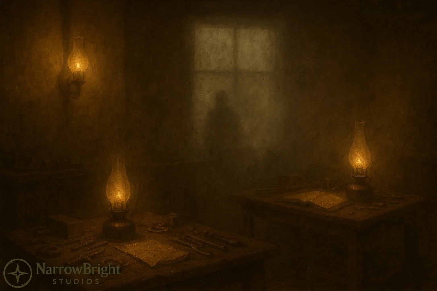 A dimly lit room with three oil lamps on tables, books and papers, and a window with closed curtains, creating a mysterious and vintage atmosphere.