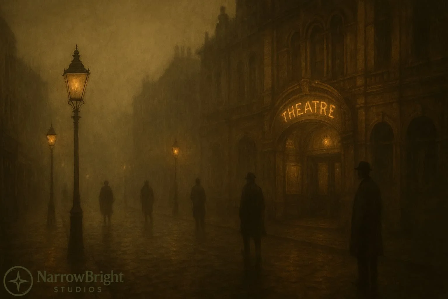 A foggy, dimly lit city street at night with vintage-style lampposts and silhouettes of people walking. There is a building with a lit sign that reads 'THEATRE'.