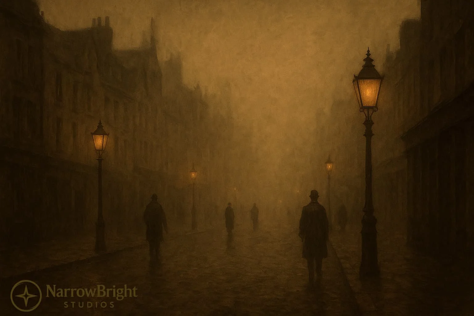 A dark, foggy city street scene at night with vintage streetlights and several people walking.