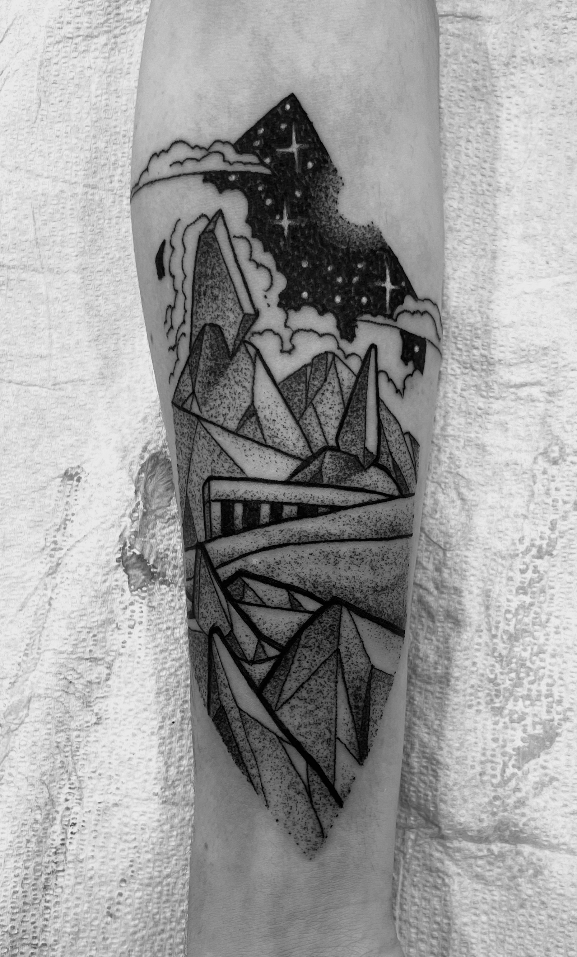 Tattoo in Vignette Style with black work, dot work, and Geometric Patterns. Custom Tattoos in Cincinnati Ohio 