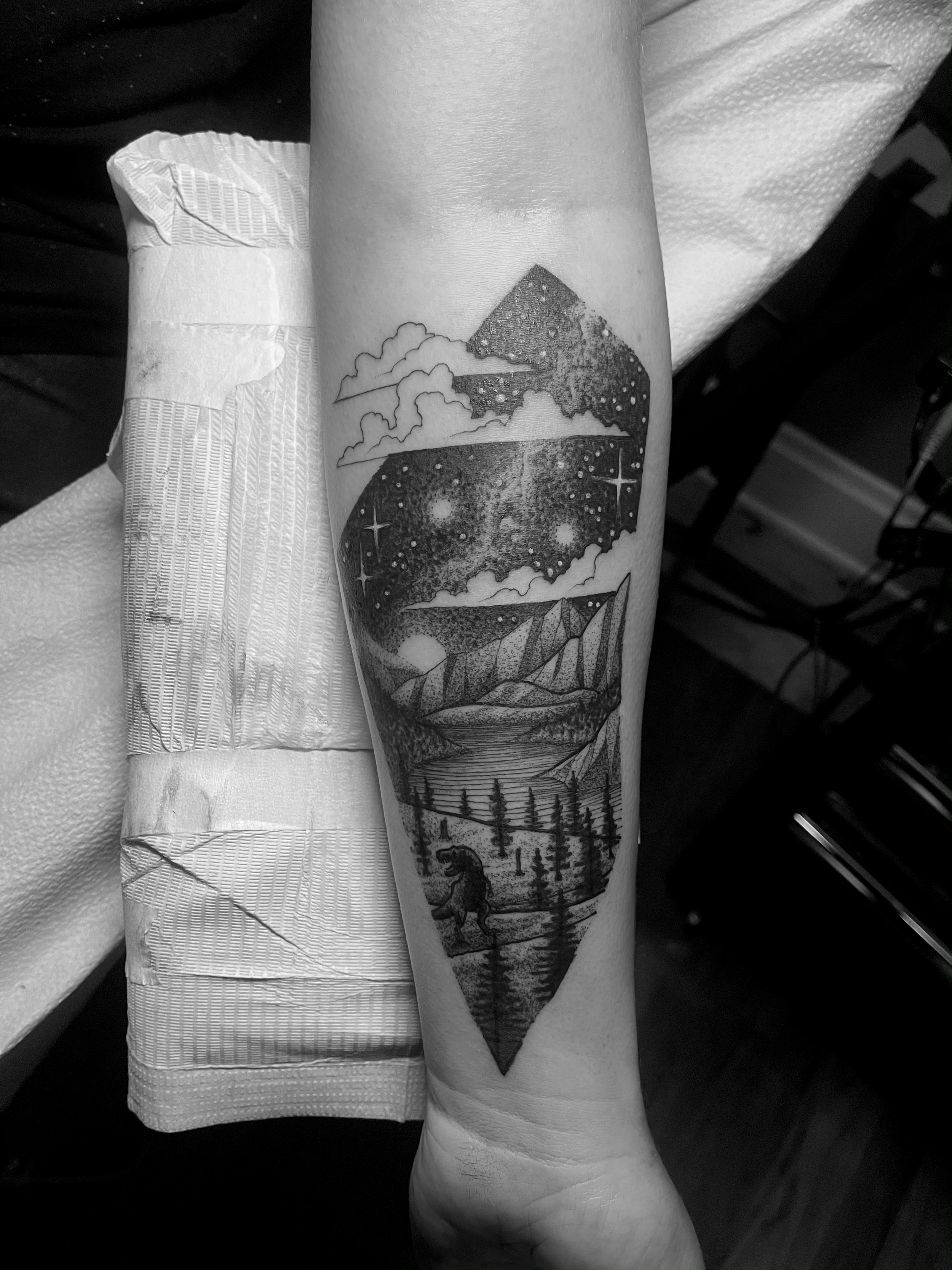 Tattoo in Vignette Style with black work, dot work, and Geometric Patterns. Custom Tattoos in Cincinnati Ohio 