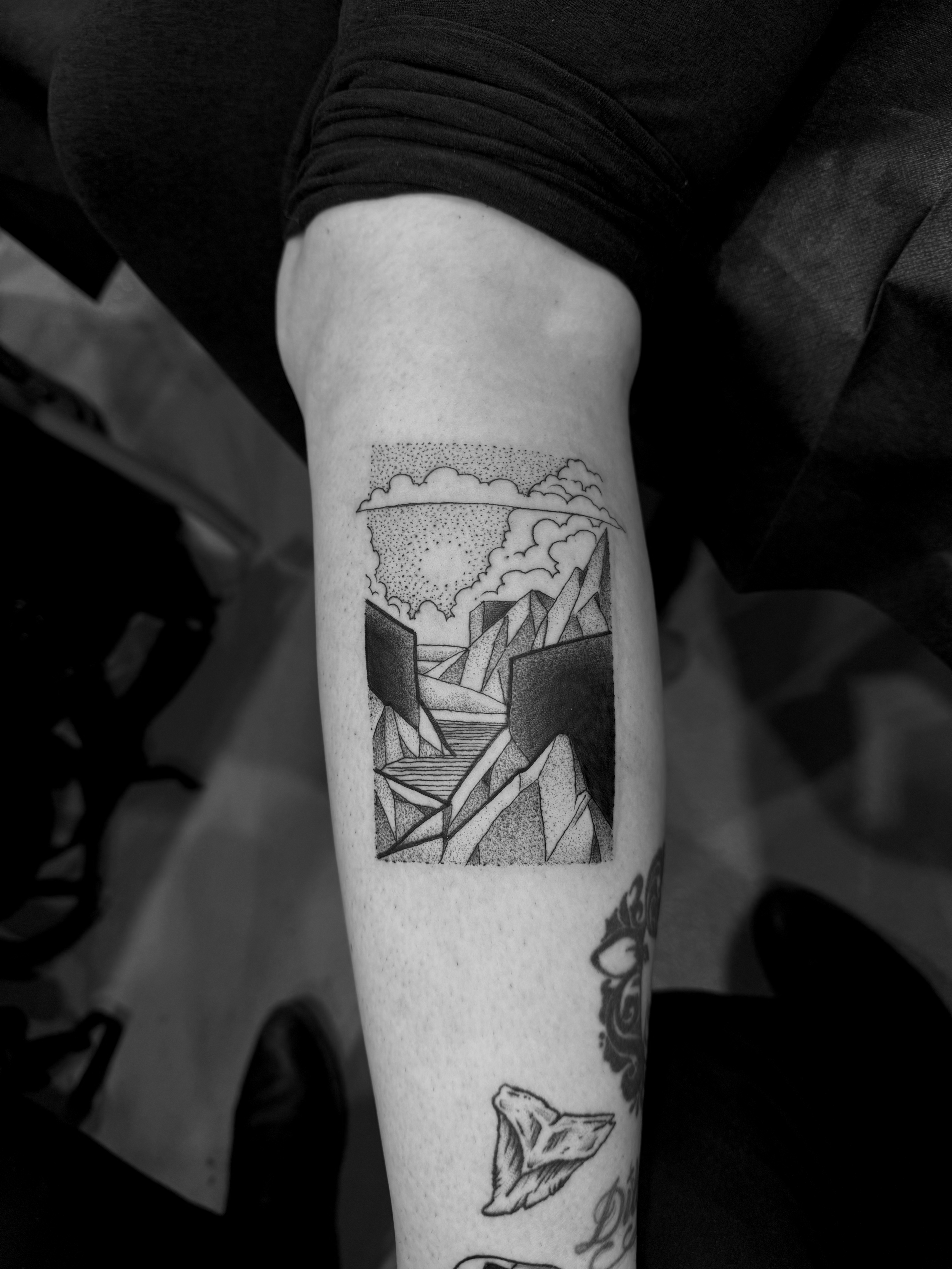 Tattoo in Vignette Style with black work, dot work, and Geometric Patterns. Custom Tattoos in Cincinnati Ohio 