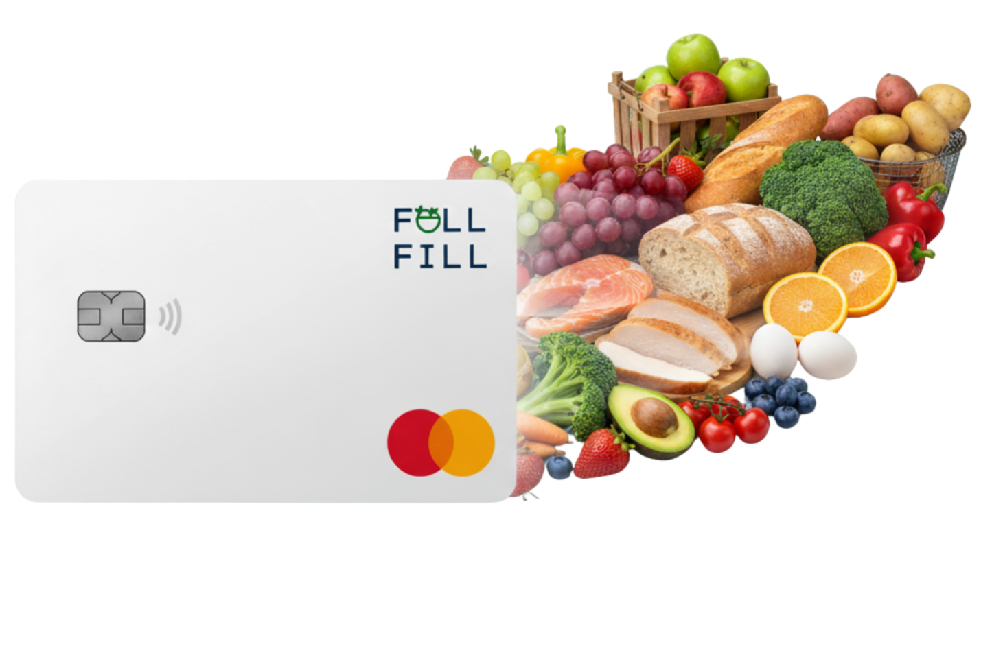 A white Mastercard credit card partially covers various fresh foods including fruits, vegetables, eggs, bread, chicken, salmon, and berries, arranged in baskets and on a surface.