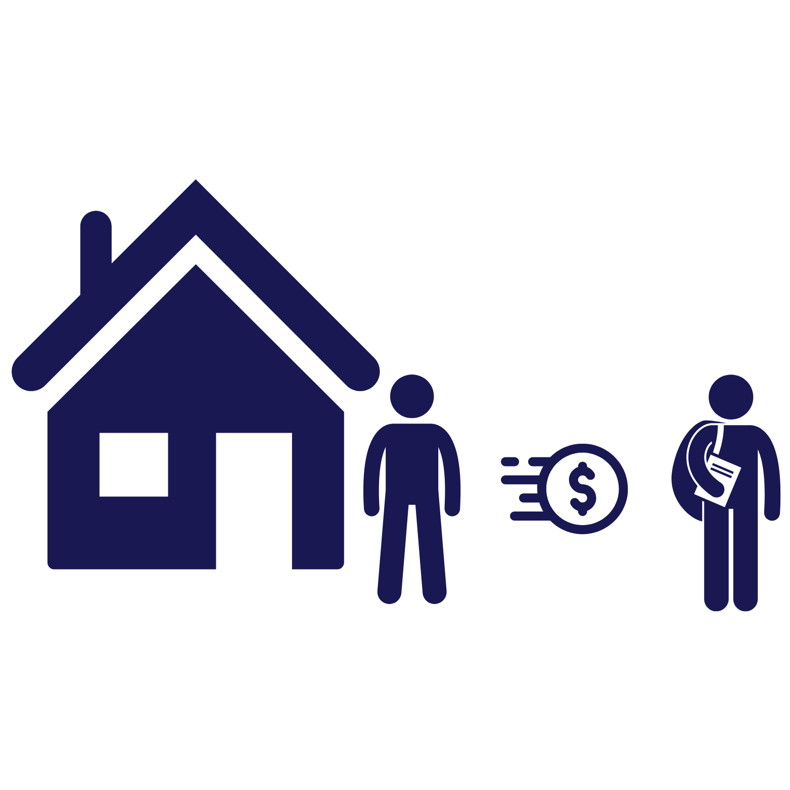 Icons of a house, a person, a coin with motion lines, and a person with a backpack.
