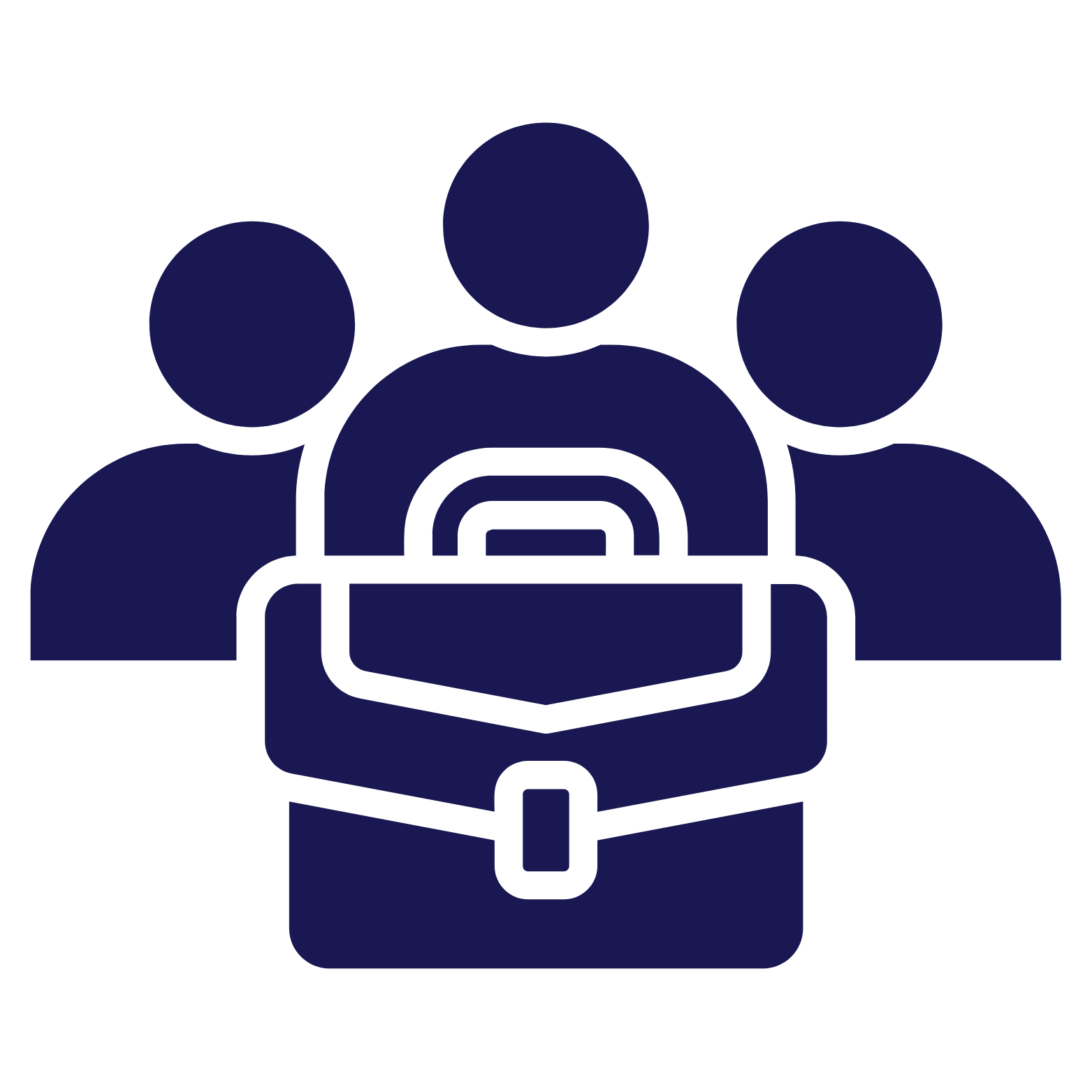 Icon of three people with a folder or bag in front of them.