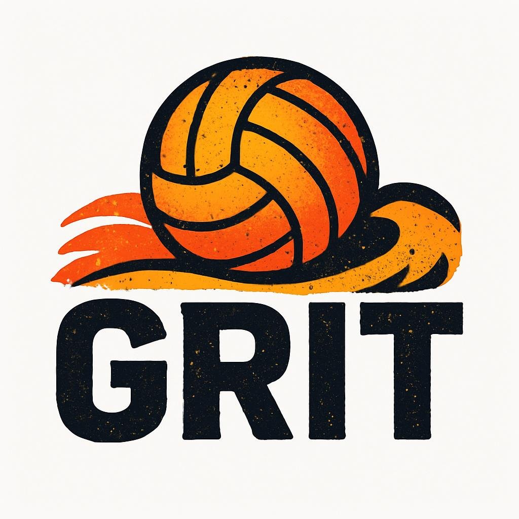 A stylized illustration of a volleyball with flames coming from it above the word "GRIT" in bold black letters.