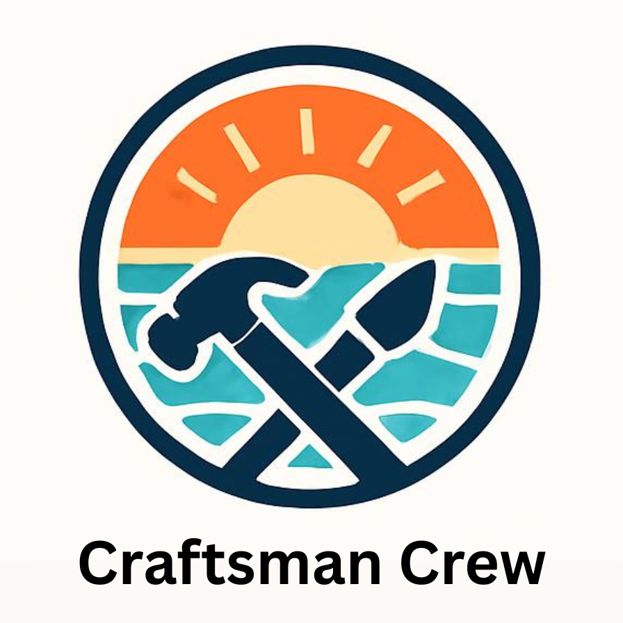 A logo featuring a rising sun over water with crossed hammer and screwdriver, and the text "Craftsman Crew" underneath.