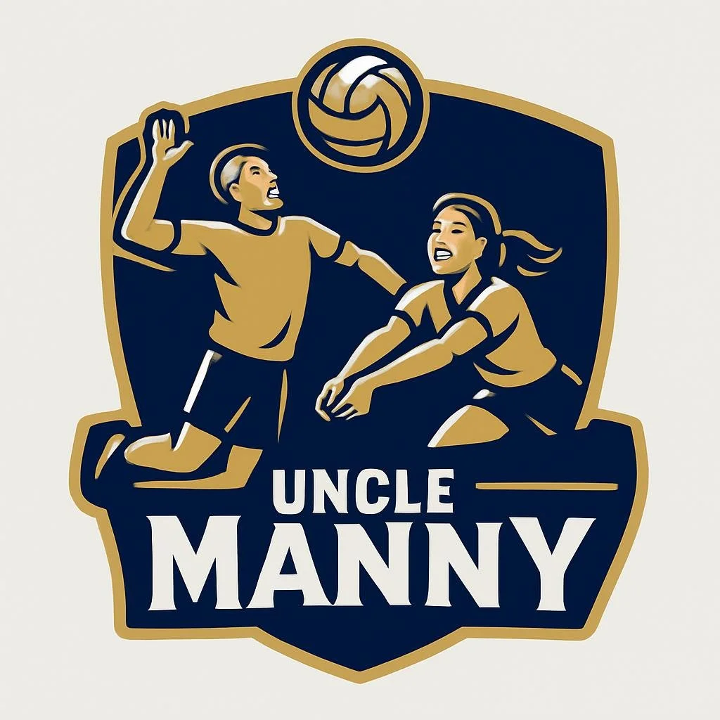A sports logo featuring a man and woman playing volleyball with a volleyball above them, enclosed in a shield shape background. The text reads "Uncle Manny."
