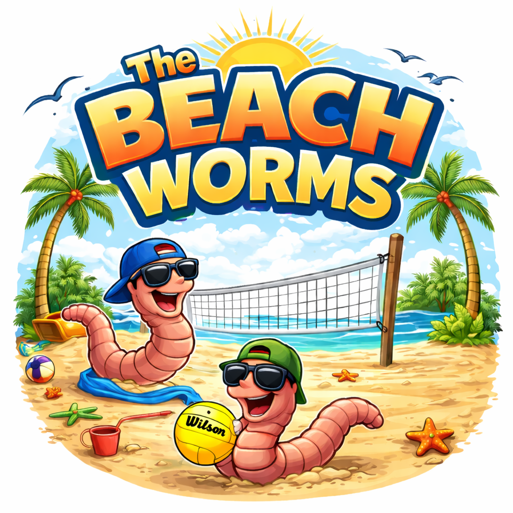 Cartoon illustration of two smiling worm characters wearing sunglasses and hats on a beach. One worm is holding a yellow volleyball, and they are surrounded by beach balls, starfish, and seashells. There are palm trees, a volleyball net, a blue sky with clouds, seagulls, and a bright sun. The text says "The Beach Worms" at the top.