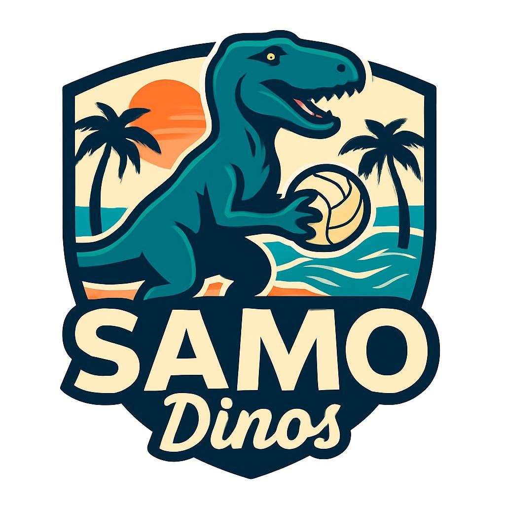 Logo of SAMO Dinos featuring a T-Rex holding a volleyball on a beach with two palm trees, a sunset, and ocean waves.