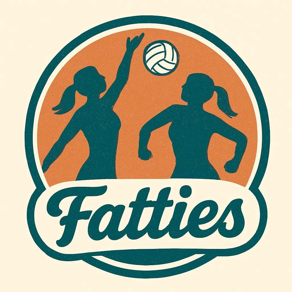 Silhouettes of two women playing volleyball, with one jumping to hit the ball. The word 'Fatties' is written below them in bold, stylized font.