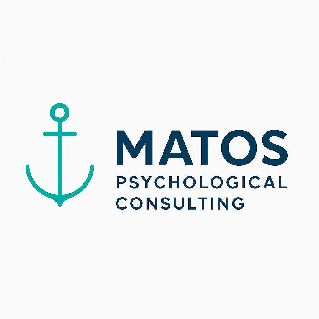 Logo for Matos Psychological Consulting featuring a teal anchor and dark blue text.