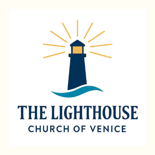 Logo of The Lighthouse Church of Venice featuring a lighthouse with light rays and waves, and text below reading 'The Lighthouse Church of Venice'.