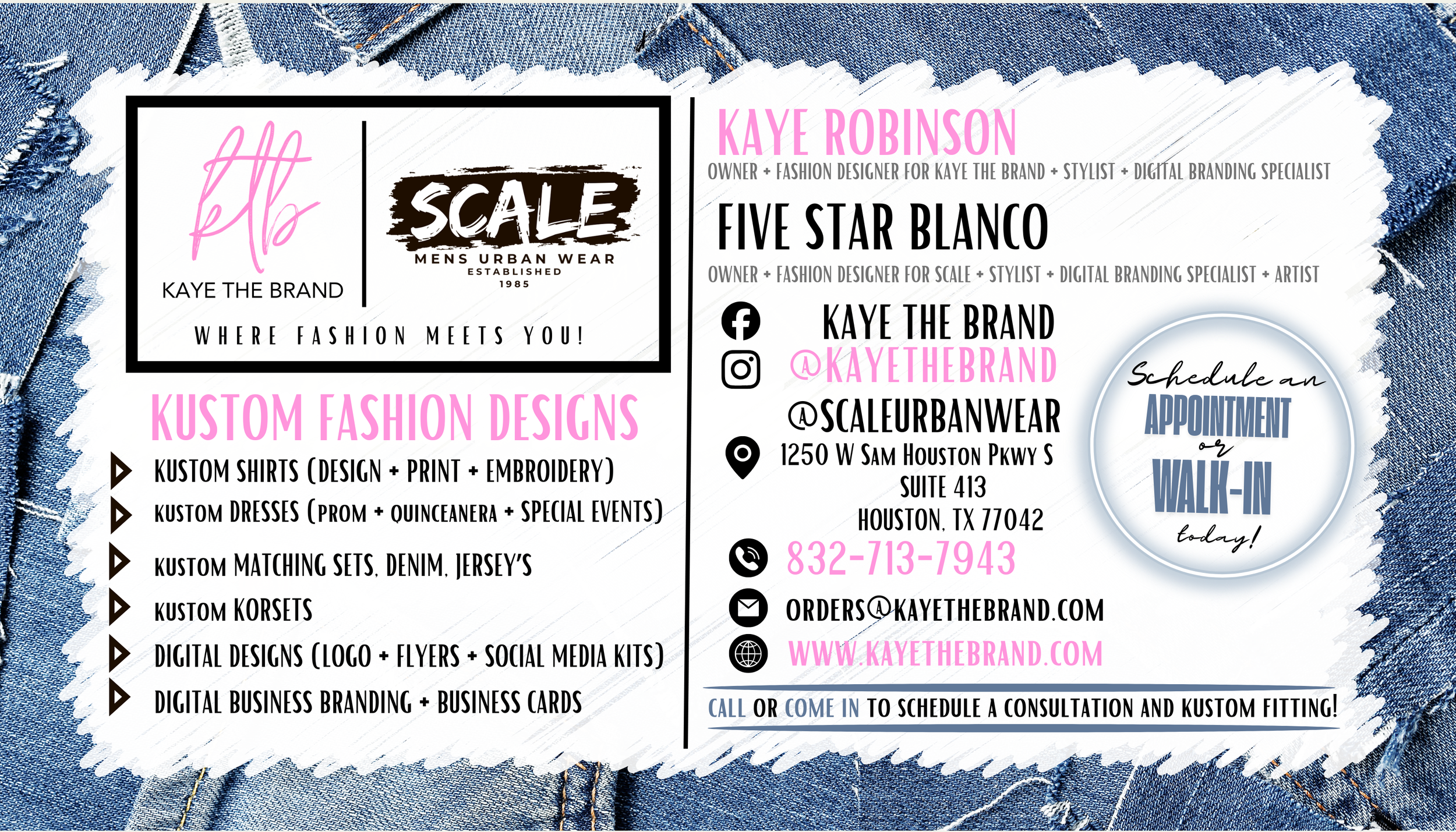Business card for Kaye The Brand featuring services like custom fashion designs, with contact information including phone number, email, social media handles, and website; background of denim jeans.