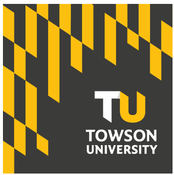 Towson University logo with black and gold diagonal stripes.