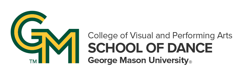 The logo of George Mason University's College of Visual and Performing Arts and School of Dance, featuring green and yellow initials 'GM' and text details.