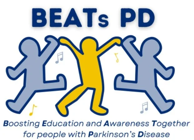 Logo for BEATs PD showing three stylized human figures dancing, with the middle figure in yellow and the outer two in gray, musical notes around them, and the text "BEATs PD" above and "Boosting Education and Awareness Together for people with Parkinson's Disease" below.