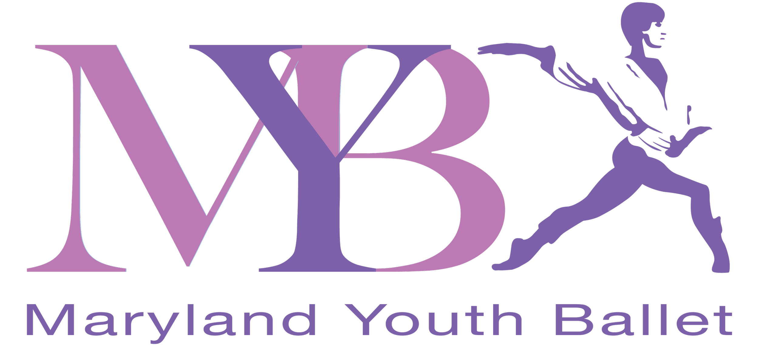 Logo of Maryland Youth Ballet featuring large purple initials 'MYB' and a stylized dancer in purple on the right, with the text 'Maryland Youth Ballet' below.