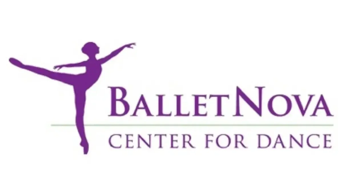 Logo for BalletNova Center for Dance featuring a purple silhouette of a ballet dancer in an arabesque pose with text in purple.