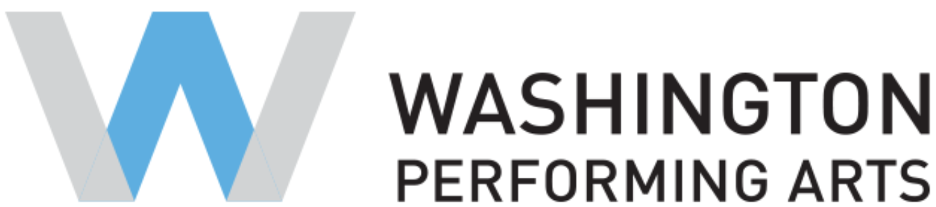 Logo for Washington Performing Arts featuring a stylized letter W in blue and gray, with the organization name written to the right in black text.