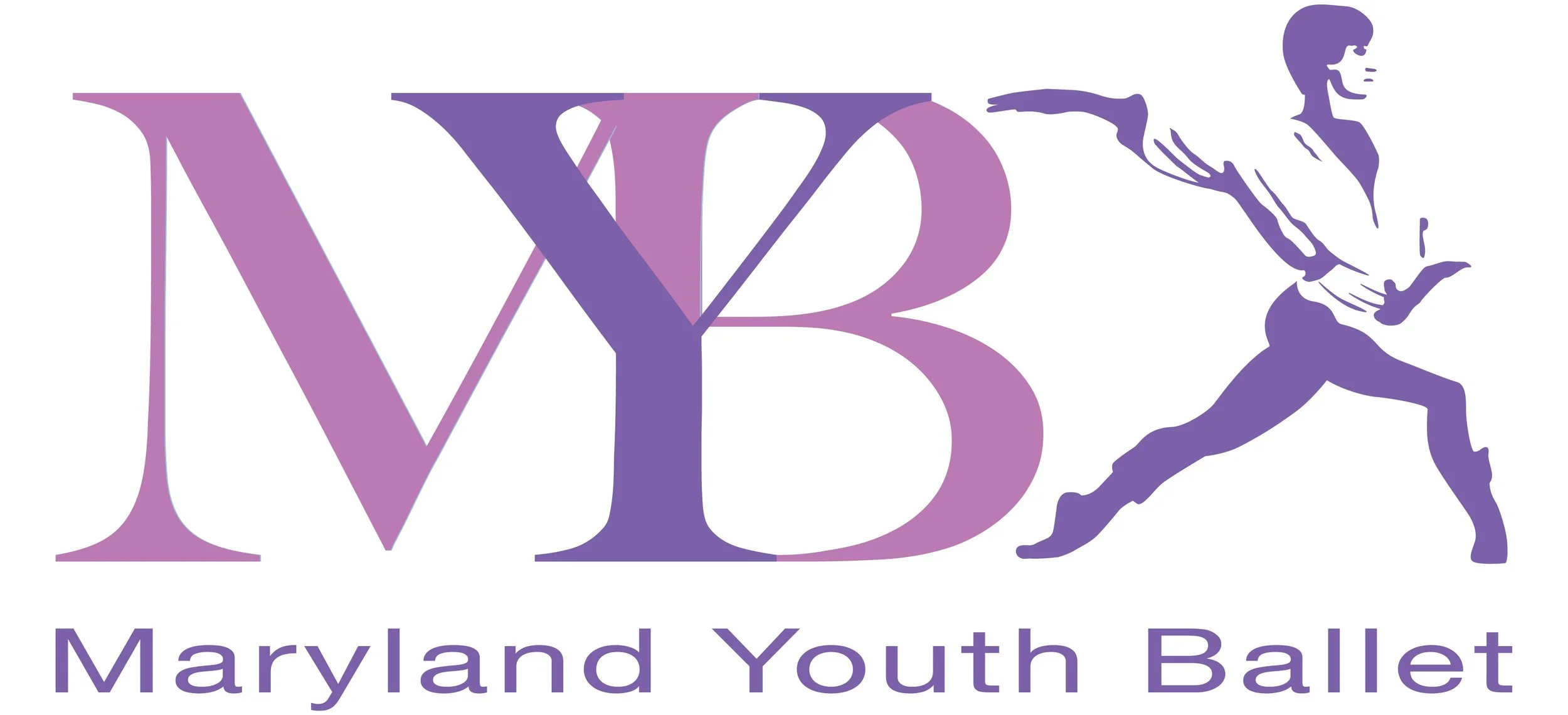 Logo for Maryland Youth Ballet with large purple and pink 'MYB' initials and a stylized silhouette of a ballet dancer in purple to the right, with 'Maryland Youth Ballet' written below in purple.