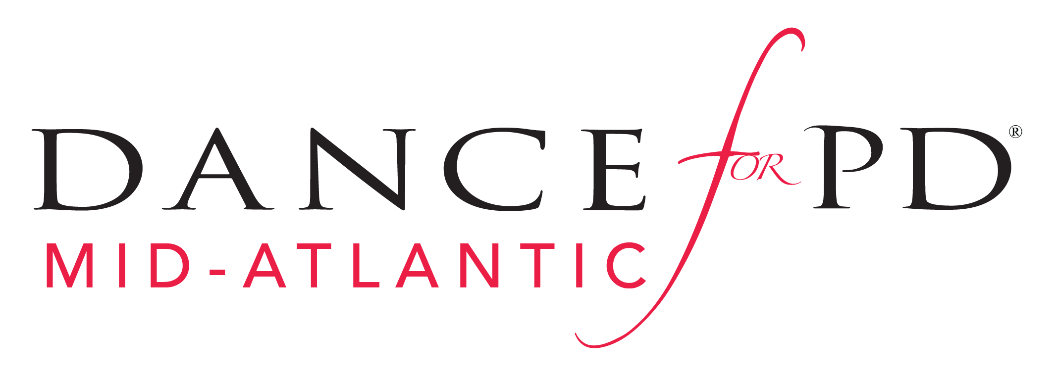 Logo for Dance for the Mid-Atlantic, with black background, the words 'Dance for' in black and red, a red stylized swoosh, and 'MID-ATLANTIC' in red