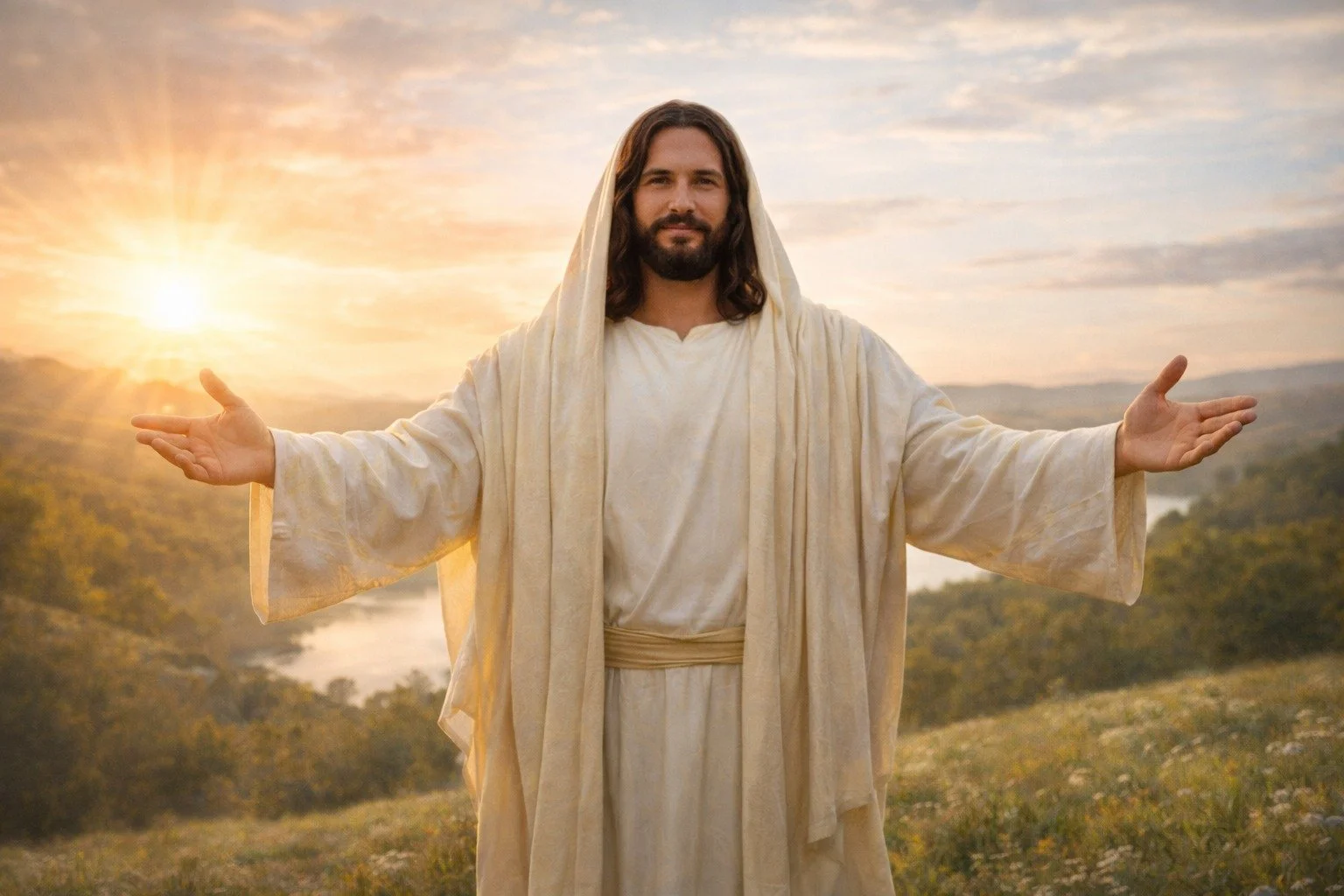 A man dressed in white robes with long brown hair and a beard standing outdoors during sunset, with arms open wide.