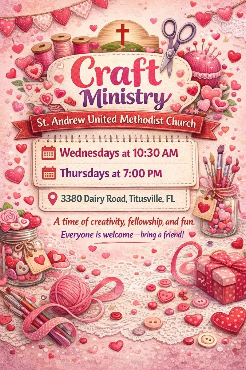 Pink craft-themed flyer for St. Andrew United Methodist Church's craft ministry, featuring sewing supplies, scissors, knitting yarn, buttons, hearts, and a gift box.