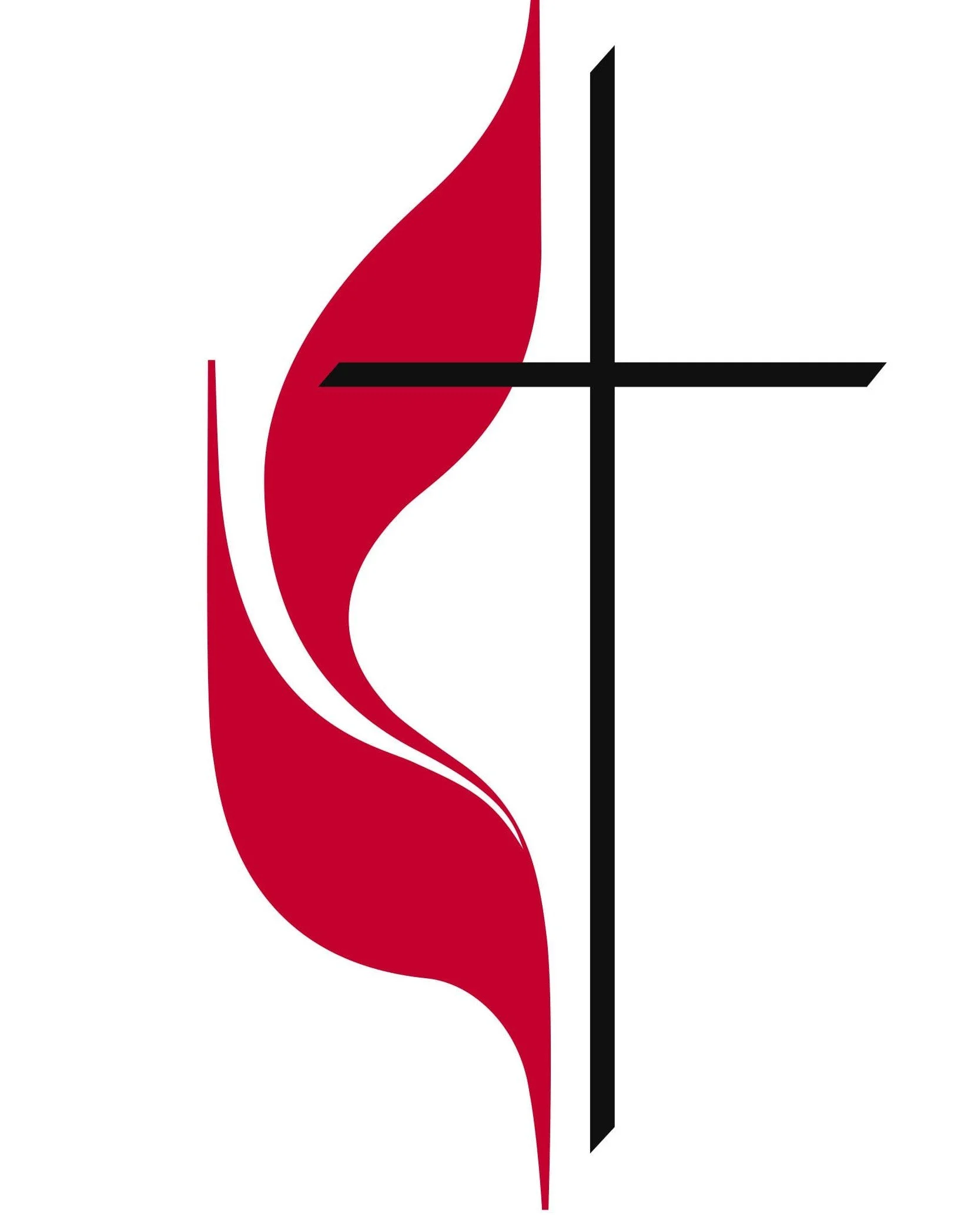 Stylized cross with red and white flame design alongside it.