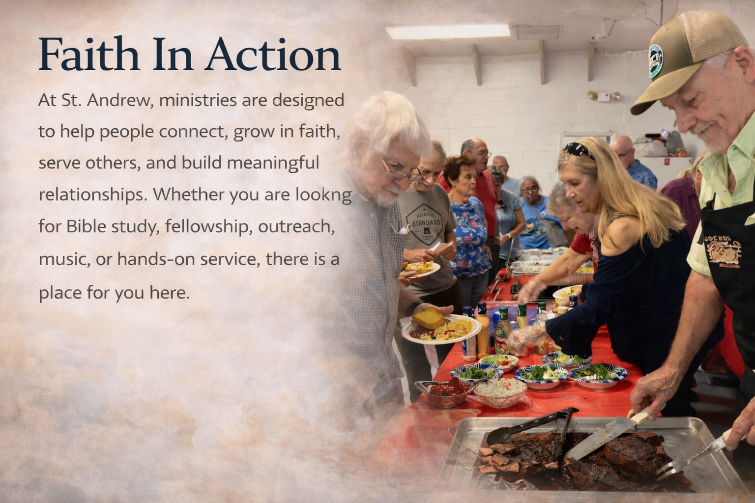 People line up at a buffet table with food at a church gathering, serving and preparing food for attendees.