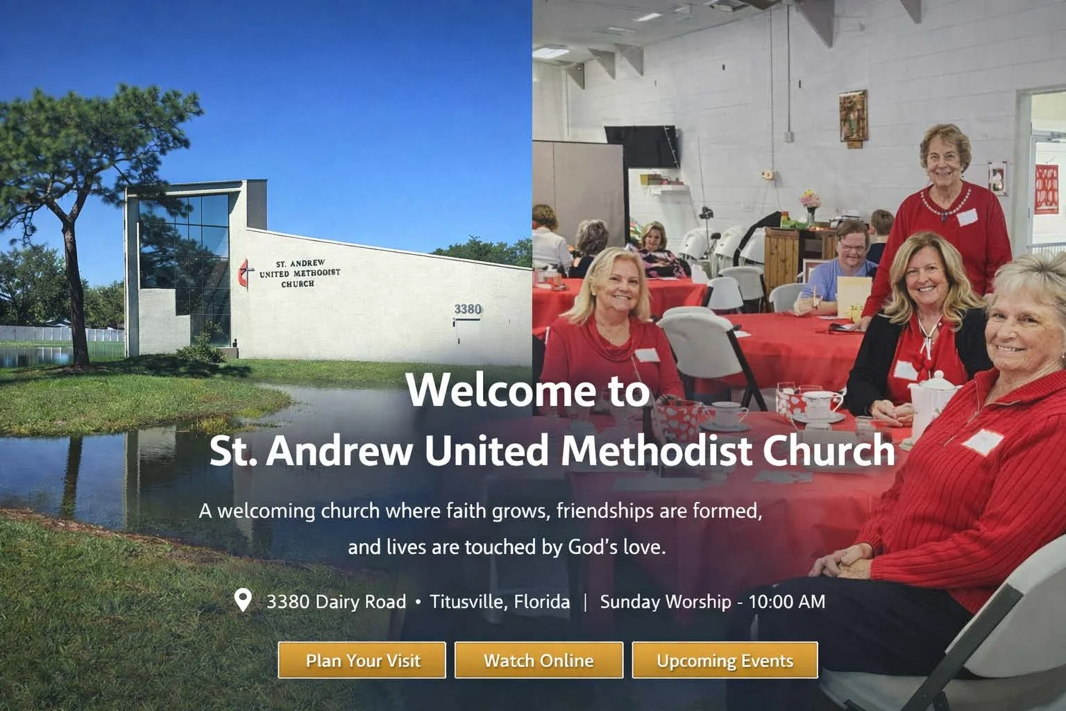 A split image with the left side showing the exterior of St. Andrew United Methodist Church building in Titusville, Florida, and the right side showing a group of smiling women in red outfits sitting around a table at an indoor church event.