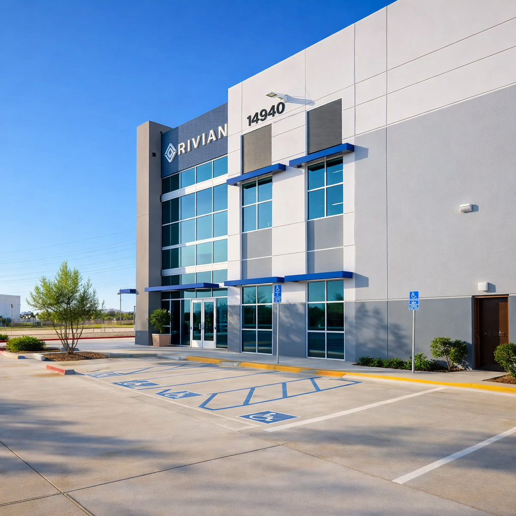 Exterior view of a modern office building labeled 'RIVIAN' with the address '14940', featuring large glass windows and accessible parking spots. Structural engineering by BASE Design in San Francisco.