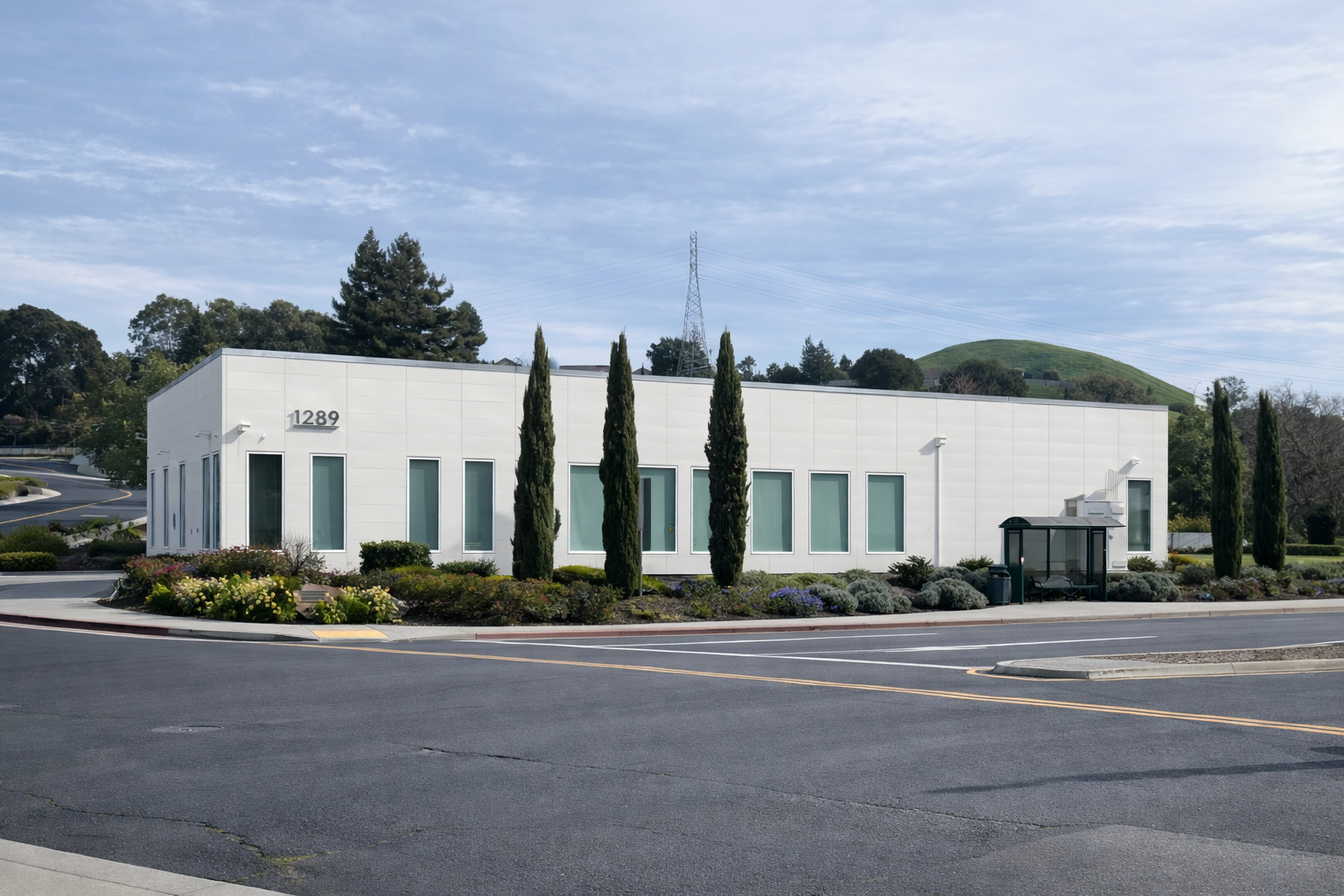 Modern white commercial building with tall narrow windows, surrounded by landscaped shrubs and cypress trees, and hills and trees in the background. Structural engineering by BASE Design in San Francisco.