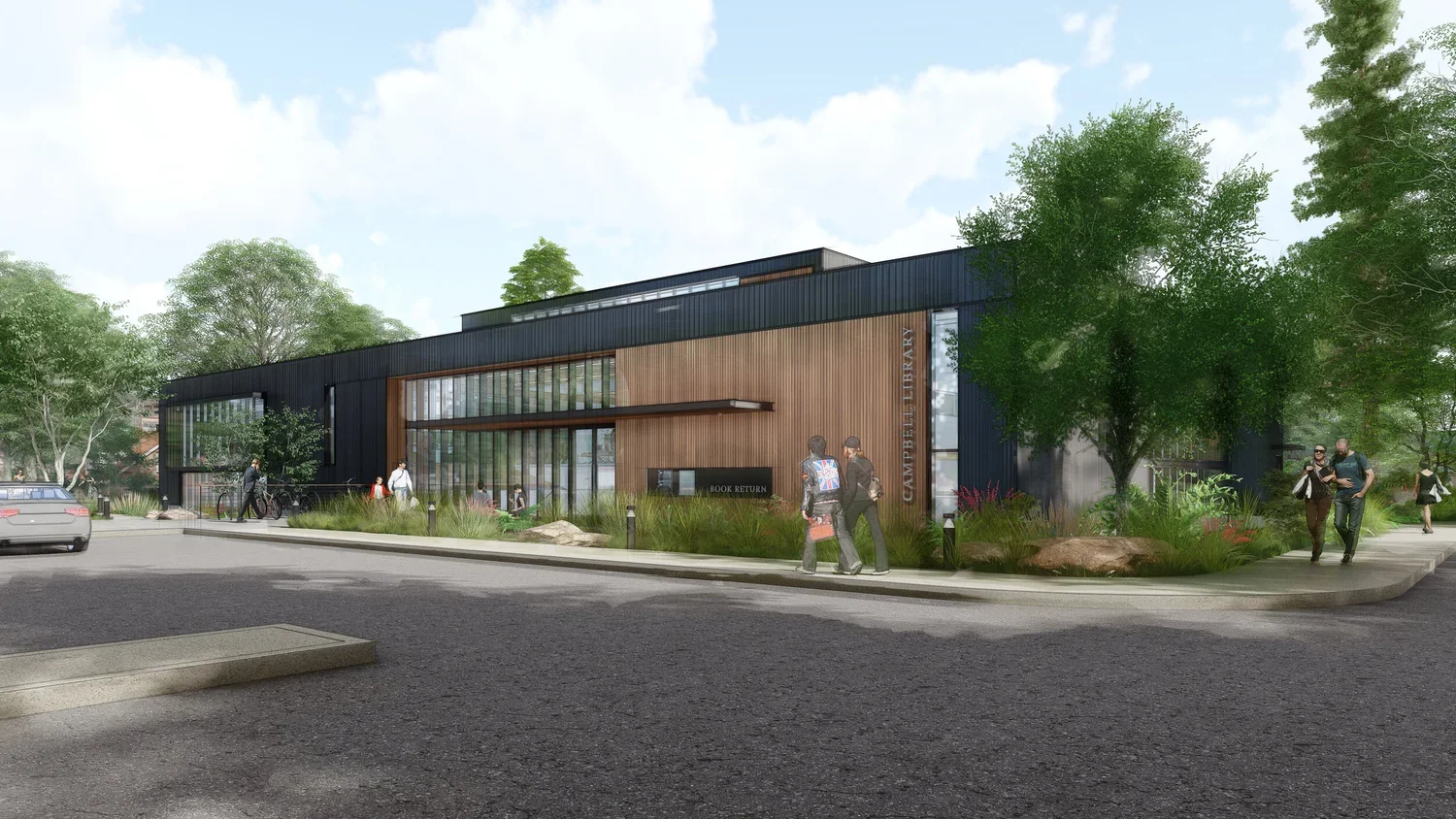 Architectural rendering of the Campbell Library, a modern, two-story building with black and wooden exterior and large glass windows. Structural engineering by BASE Design in San Francisco.