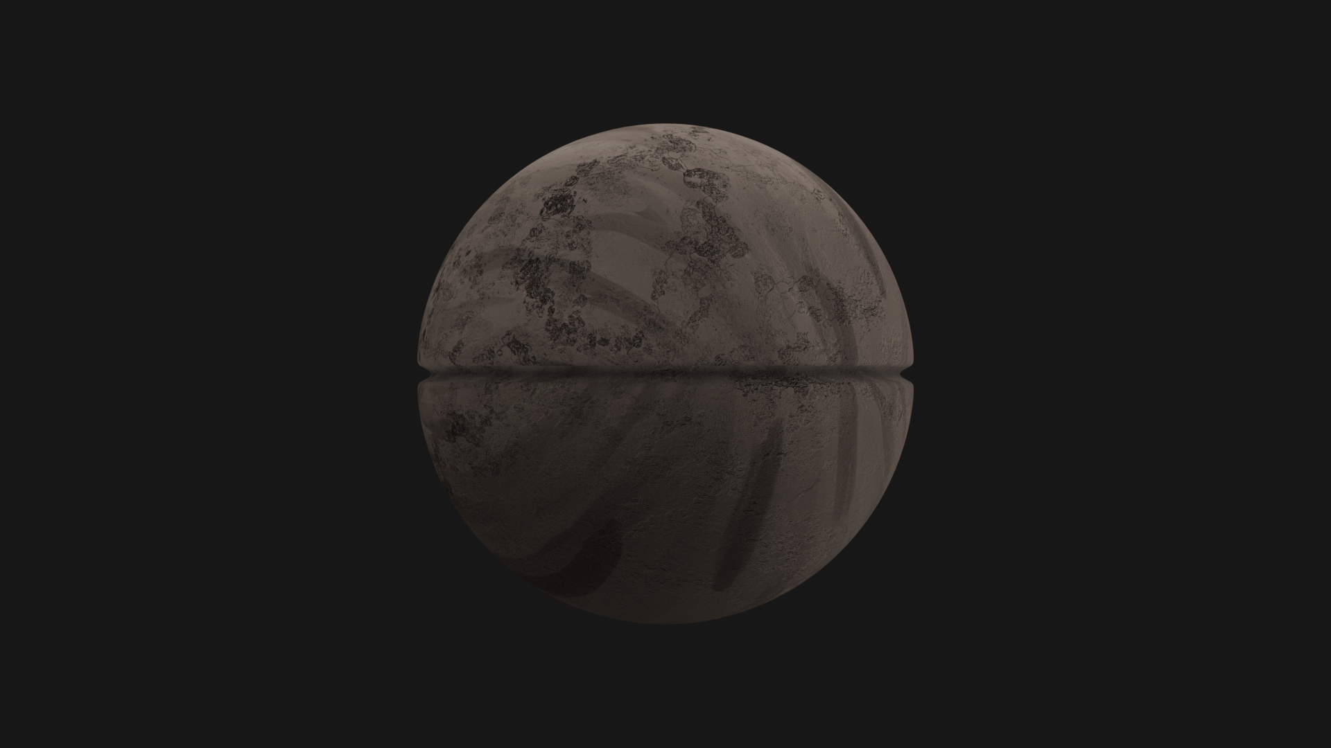 A spherical object with a rough, gray surface resembling a planet or moon, partially reflected on a shiny black surface, against a dark background.