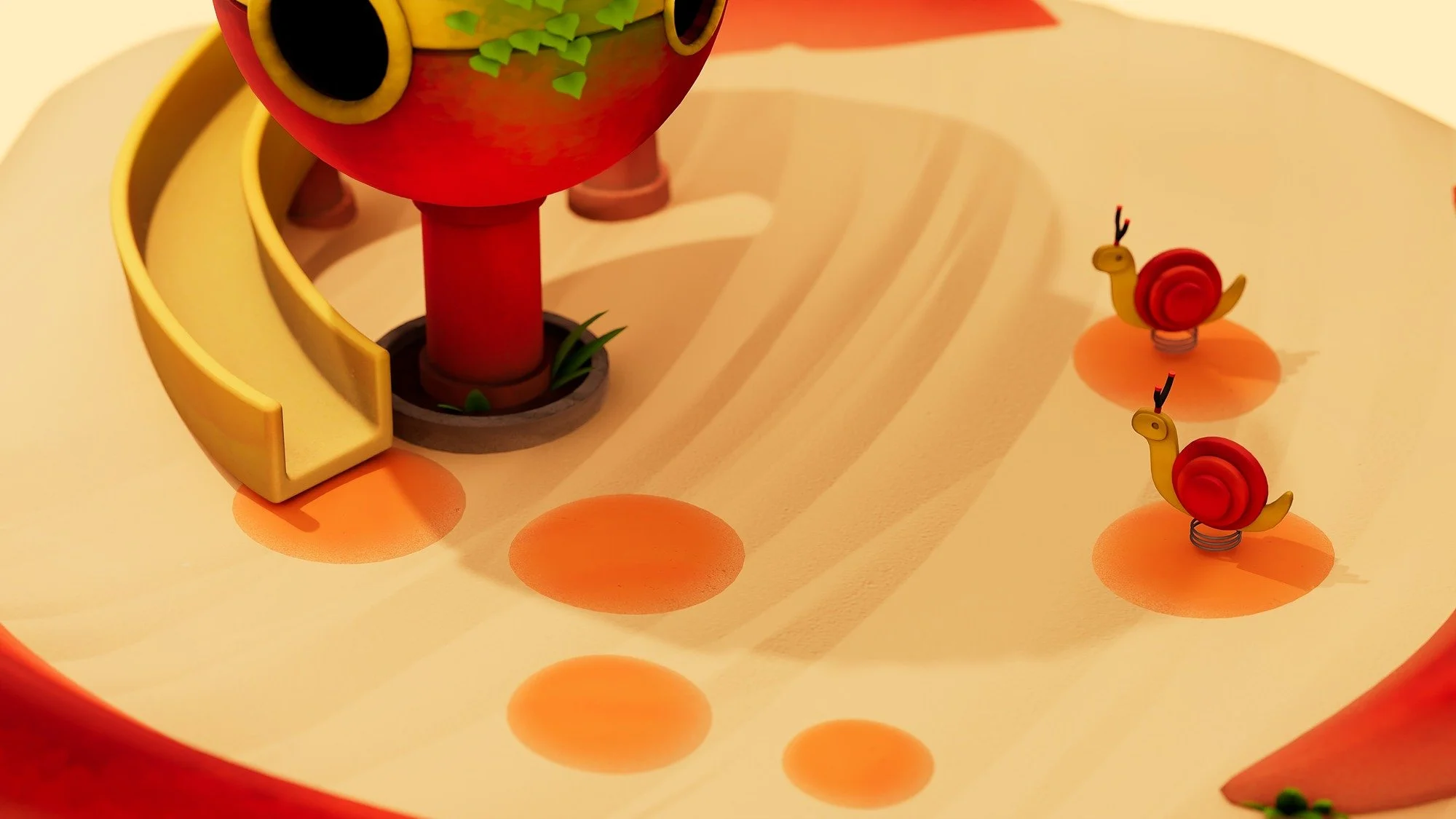 Toy snail and butterfly on a swirl yellow slide with an oversized red and yellow flower structure and surrounding sandy landscape.