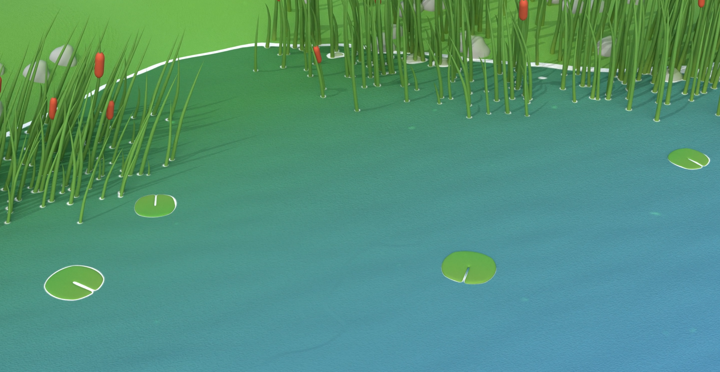 Close-up of a pond with floating lily pads and cattails along the edge of the water, with green vegetation in the background.