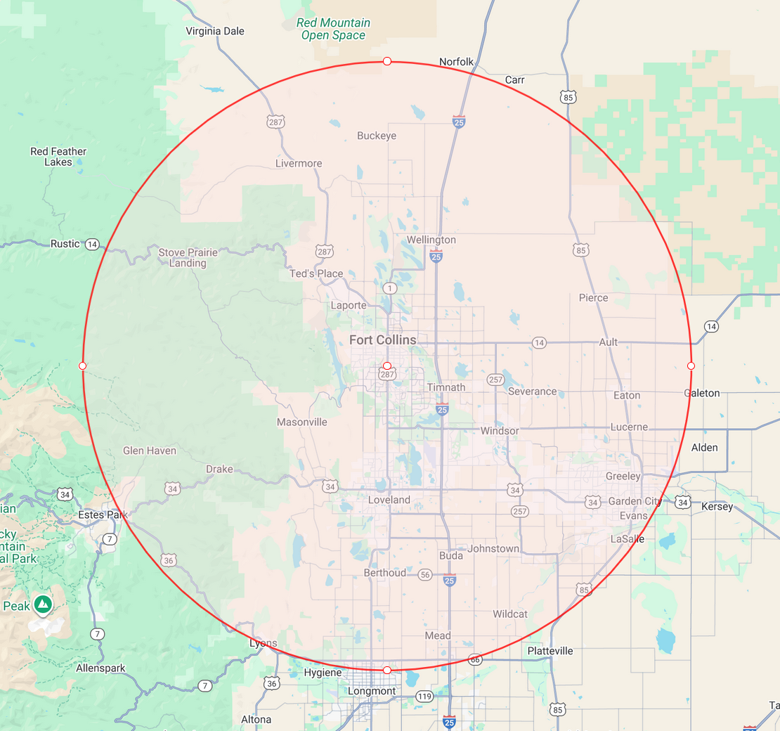 Map of Fort Collins with a circle showing a 25 mile radius