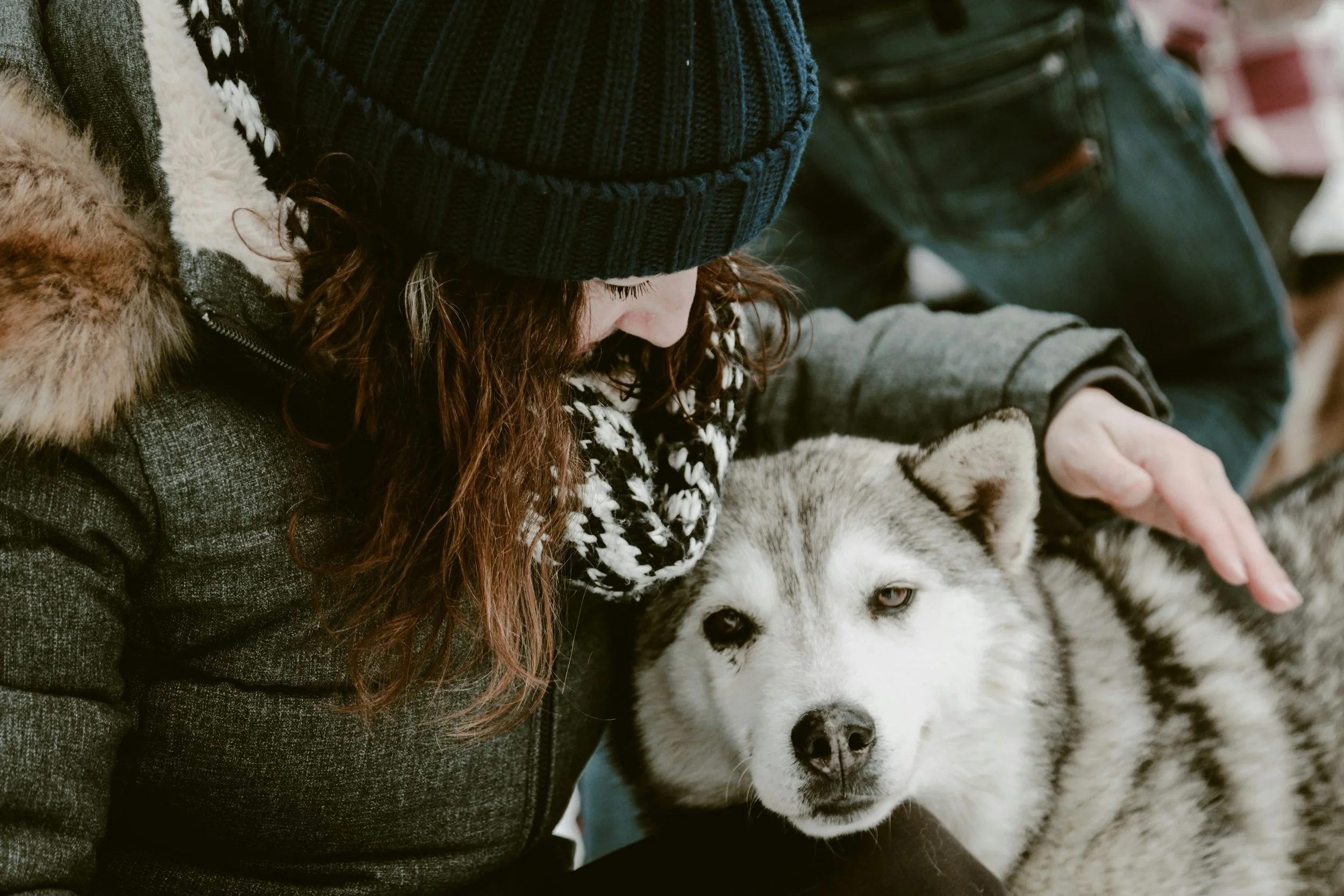 woman in winter coat and hat pets husky