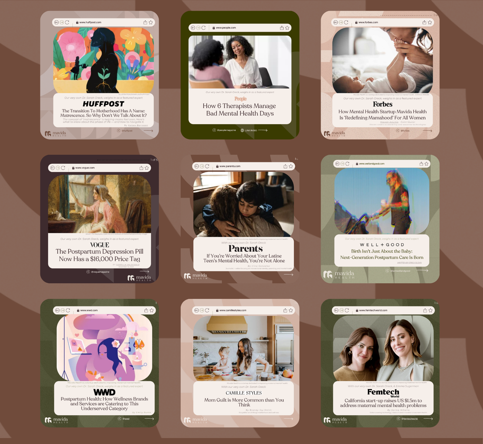 A collage of nine magazine article previews, each showing a different topic related to health, parenting, mental health, and technology, with images of people and illustrations.