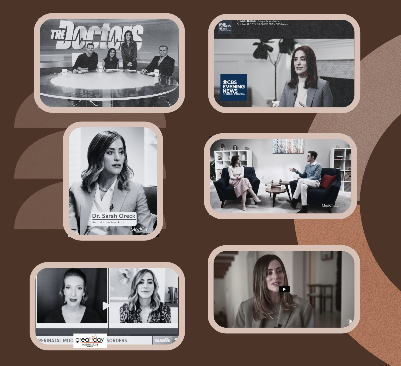 A collage of six screenshots from various TV interviews, news segments, and online videos featuring Dr. Sarah Oreck, in professional settings, some black and white and others in color with backgrounds of news studios, office space, and home offices.