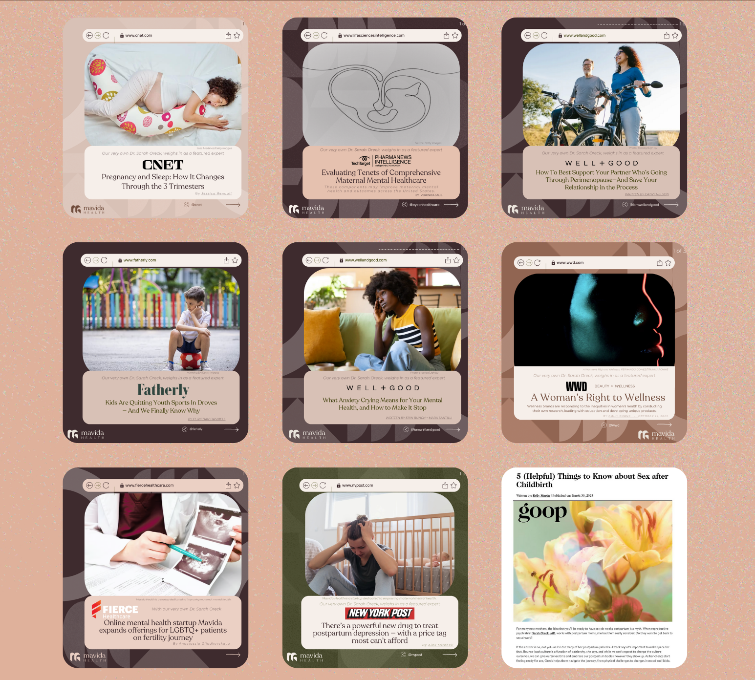Collage of nine web page screenshots featuring health, wellness, and mental health articles, including topics on pregnancy, mental health, parenting, anxiety, women's wellness, LGBT+ mental health, postpartum depression, and post-childbirth sex, with various images of people, babies, and flowers.