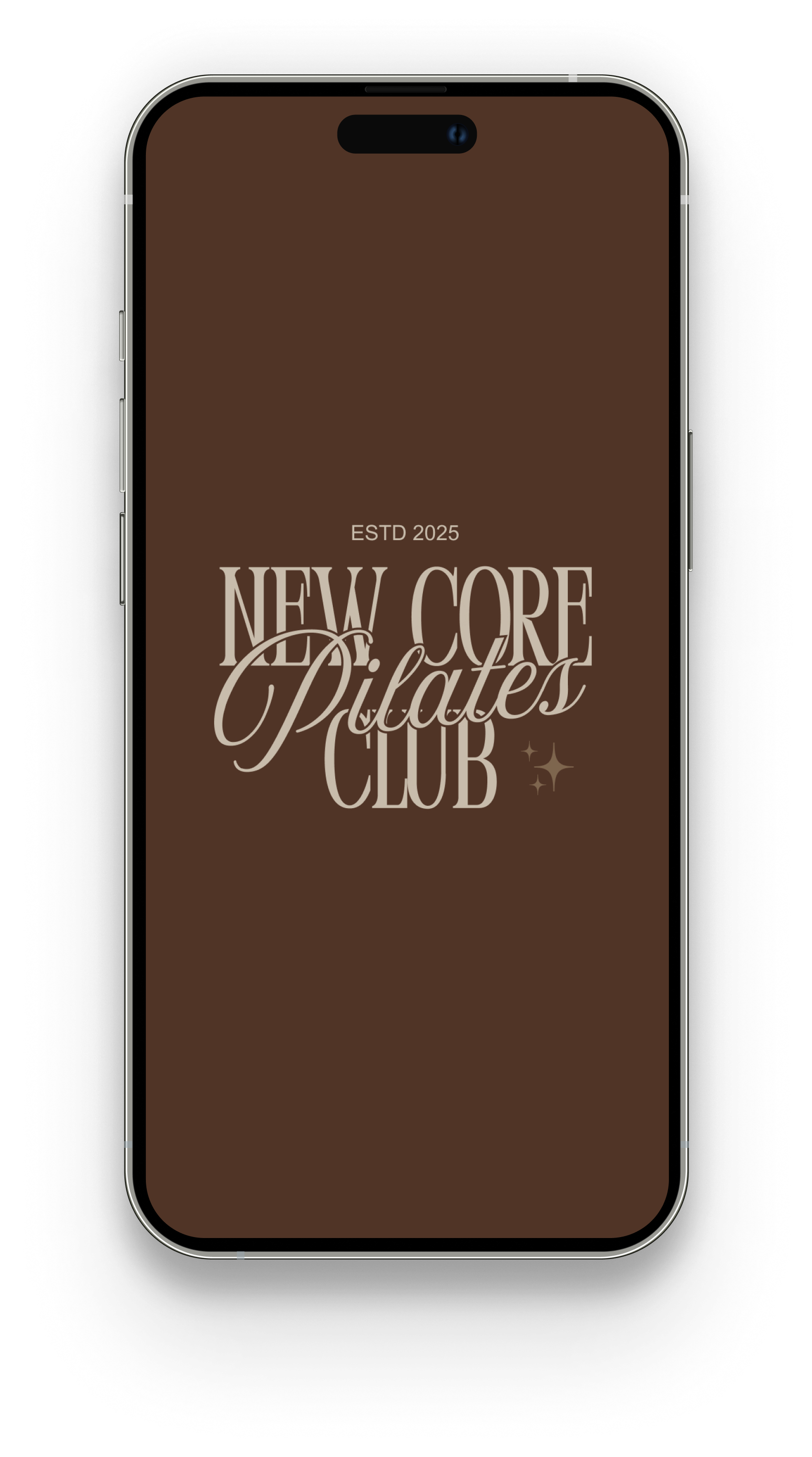 Smartphone screen displaying a brown background with the text 'Estd 2025 New Core Pilates Club' in stylized fonts, with small sparkles.