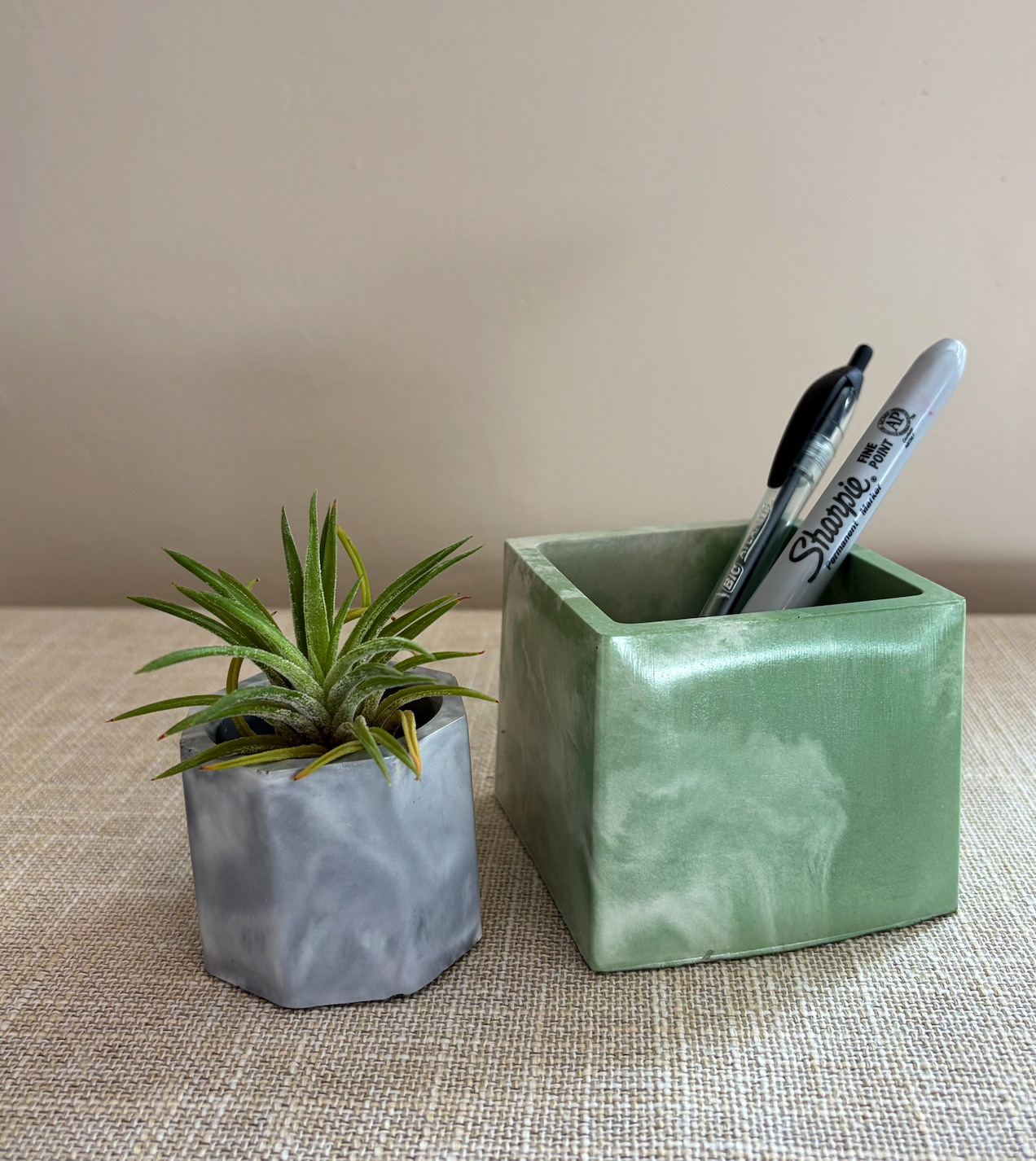 air plant in graphite petite and pen/marker in square green jar