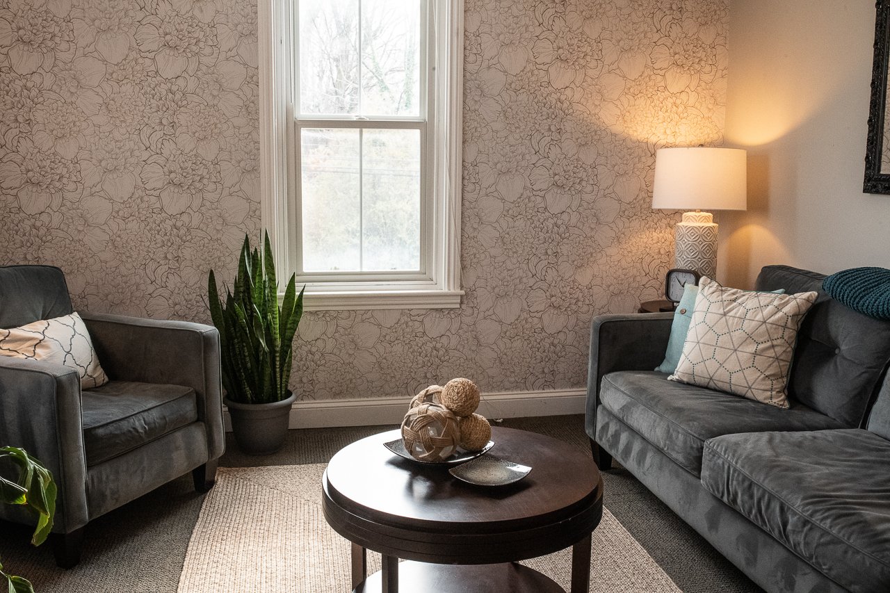 67 Byberry Rd, Living room with gray sofas, a round wooden coffee table, a tall potted snake plant, a window, and a lit table lamp.