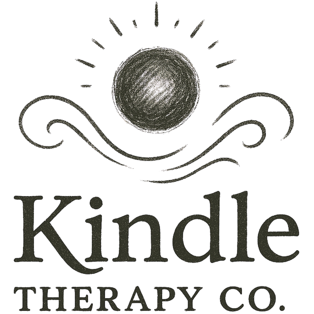 Logo for Kindle Therapy Co. with stylized design, including a textured circle and decorative lines.