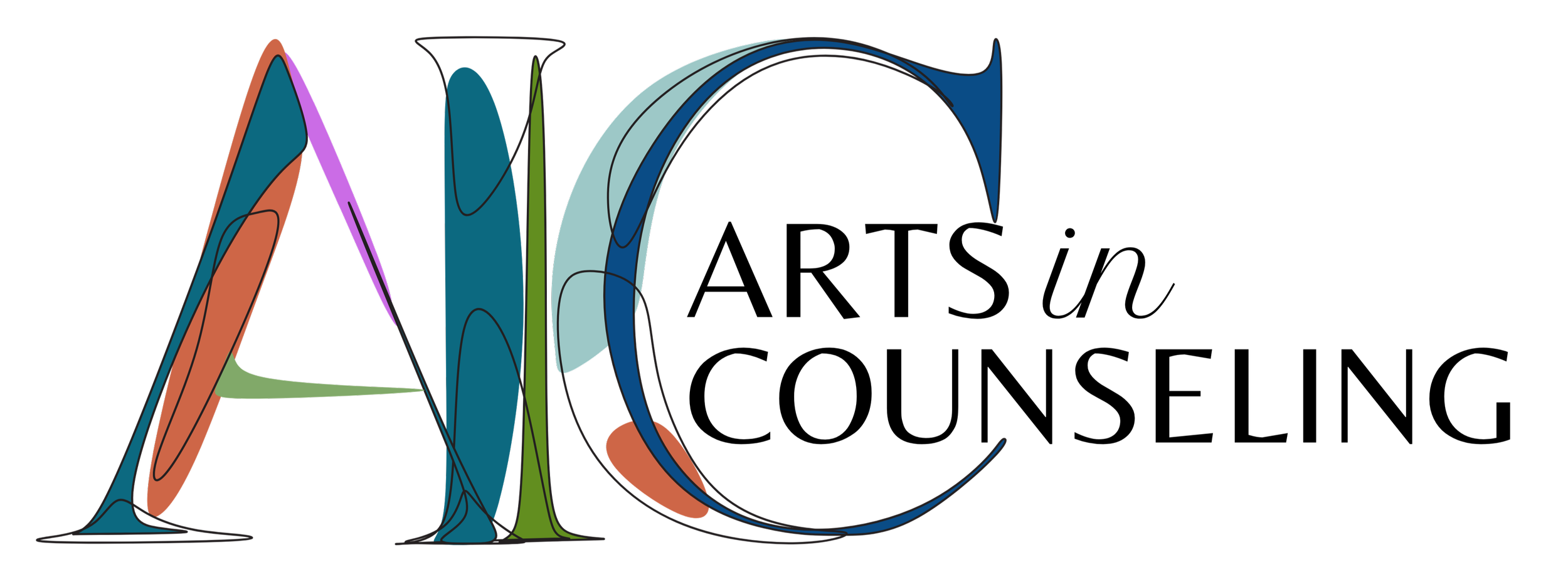 Arts In Counseling logo. Stylized artistic design spelling out the word 'ALC' with multicolored abstract shapes and lines.