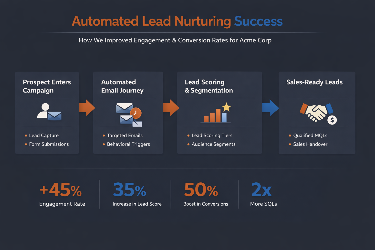Diagram showing the process of automated lead nurturing for Acme Corp, including steps: prospect enters campaign, automated email journey, lead scoring and segmentation, and sales-ready leads. The infographic highlights metrics such as +45% engagement rate, 35% increase in lead score, 50% boost in conversions, and 2x more SQLs.